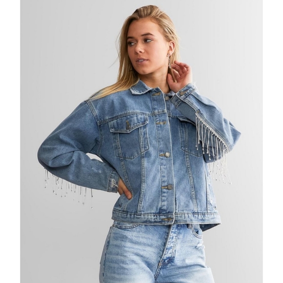 . Vervet Distressed Rhinestone Fringe Long Sleeve Denim Jacket - Picture 4 of 8